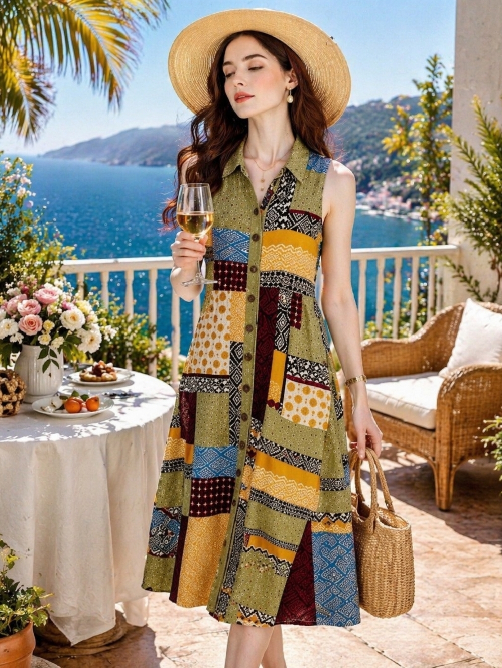 Anthropologie Patchwork Midi Dress Sz 10 Boho Button Front Resort Summer